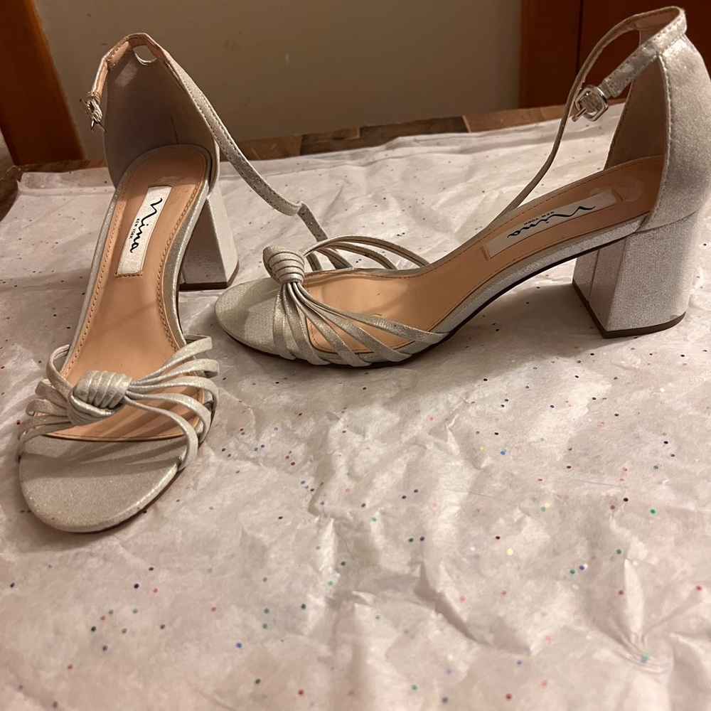 Silver ankle strap sandals with heal size 7.5